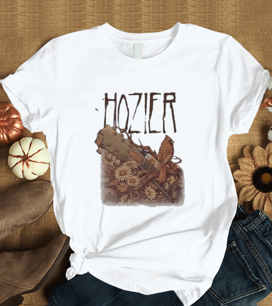 Hozier Original Show Raleigh North Carolina April 20 2024 Acoustic Guitar and Cardinal T-Shirt