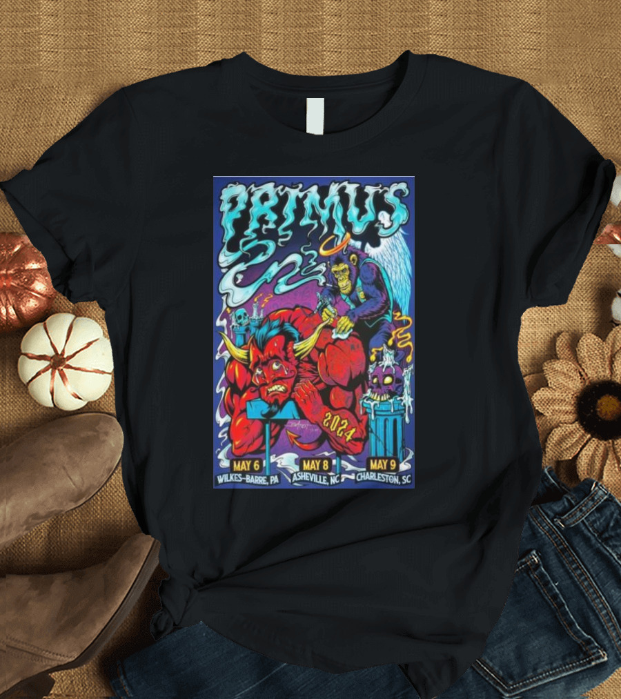Primus 2024 Tour May 6 Wilkes-Barre May 8 Asheville May 9 Charleston Devil and Frankenstein T-Shirt