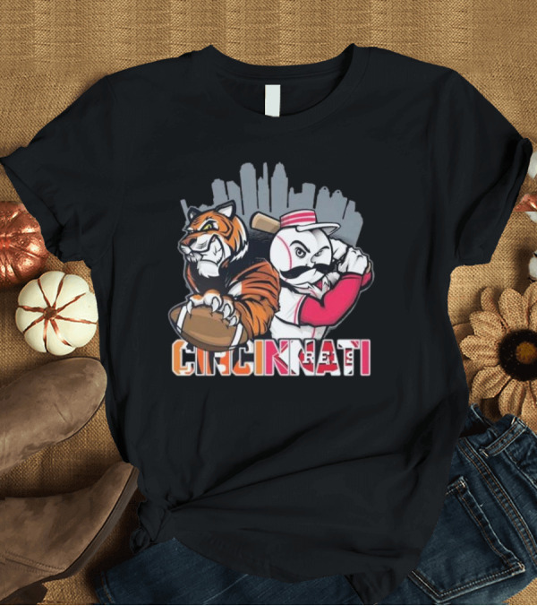 T-Shirt: Cincinnati Bengals Tiger With Football and Mr. Redlegs Baseball Skyline T-Shirt Cincinnati Bengals Tiger With Football and Mr. Redlegs Baseball Skyline T-Shirt