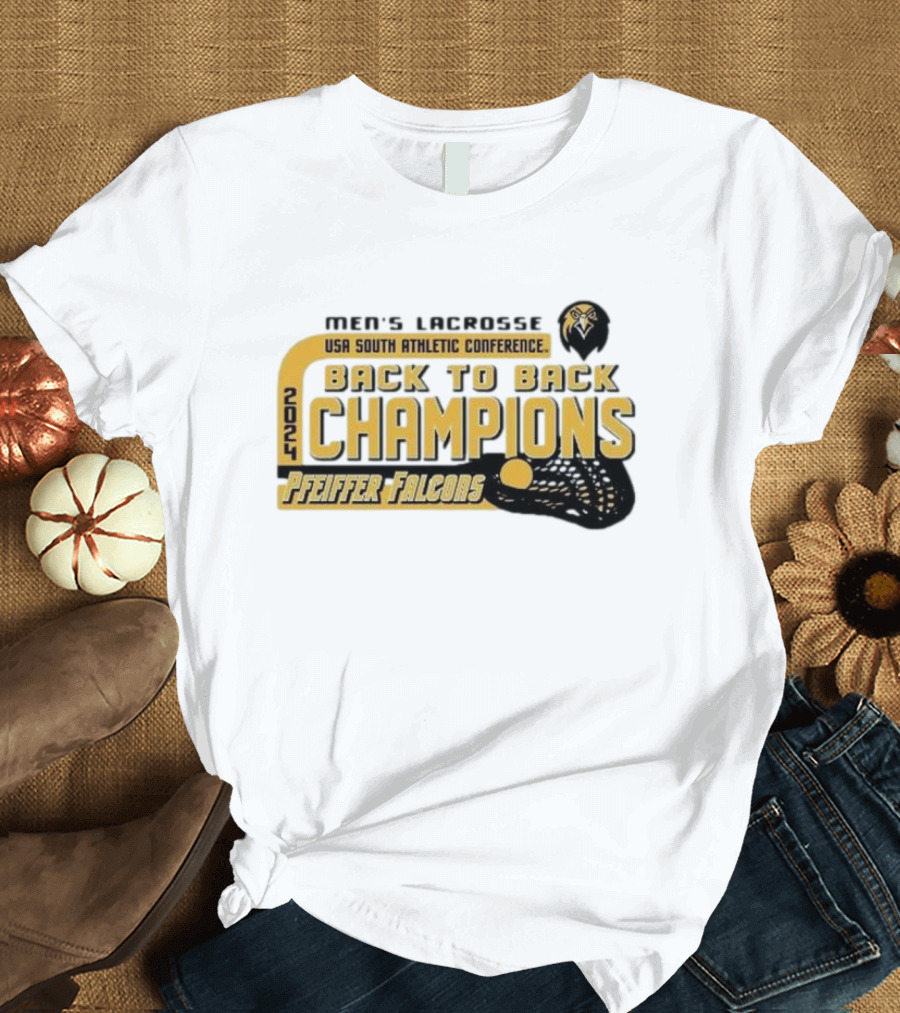 Pfeiffer Falcons Men's Lacrosse USA South Athletic Conference 2024 Back To Back Champions T-Shirt