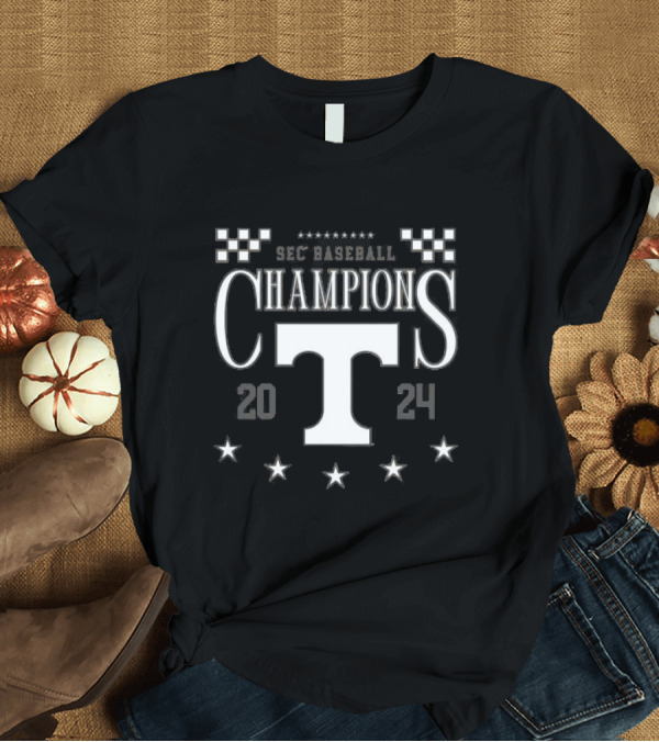 T-Shirt: Tennessee Volunteers 2024 SEC Baseball Champions T Logo Stars Racing Flags T-Shirt Tennessee Volunteers 2024 SEC Baseball Champions T Logo Stars Racing Flags T-Shirt