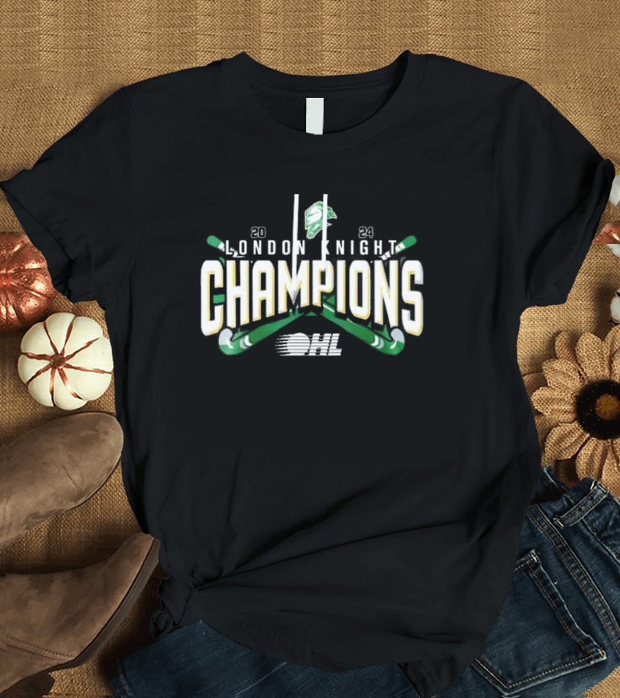 London Knights 2024 OHL Hockey Champions Logo with Crossed Sticks T-Shirt