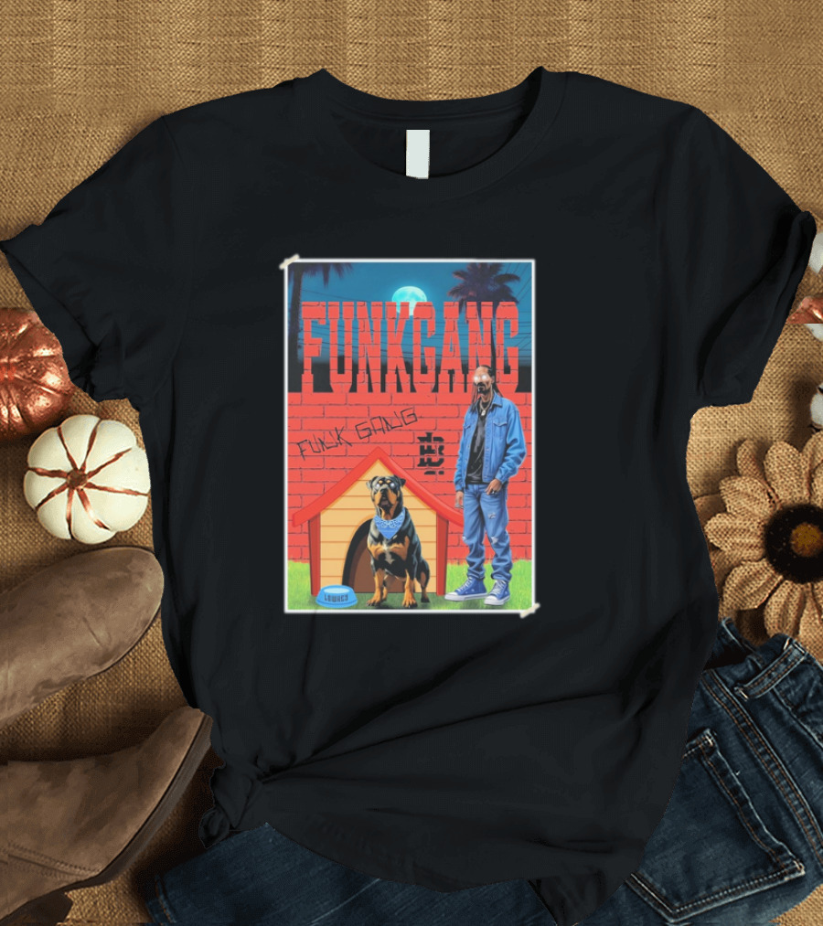 Funk Gang X Doggystyle Funk Gang Brick Wall Dog House Blue Dog Moon Palm Trees T-Shirt