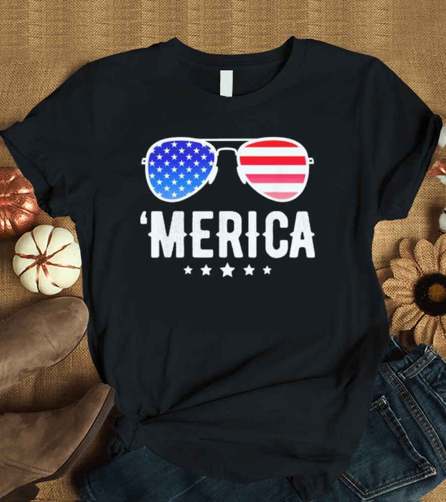 'Merica American Flag Sunglasses 4th July Patriotic Boys Fourth T-Shirt