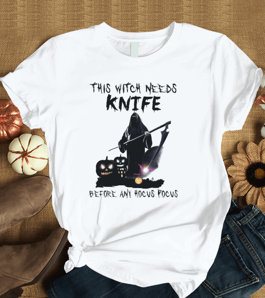 This Witch Needs Knife Before Any Hocus Pocus Halloween Pumpkins Dark Scene T-Shirt