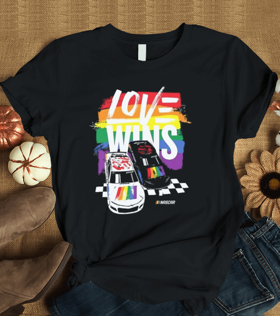 NASCAR Love Wins 2024 Checkered Flag Sports Black Rainbow Pride T-Shirt