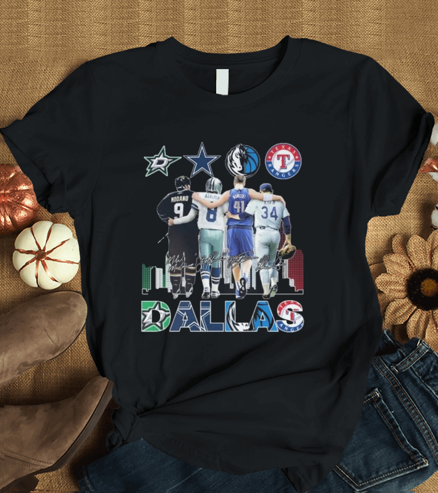 Dallas Stars Cowboys Mavericks Rangers Mike Modano Troy Aikman Dirk Nowitzki Nolan Ryan Signatures T-Shirt