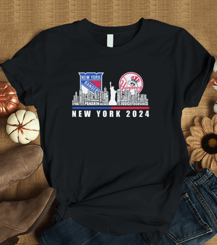 New York 2024 Rangers Yankees Skyline Statue of Liberty T-Shirt