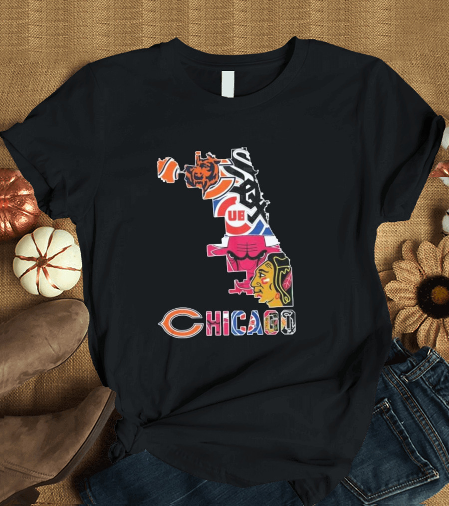 Chicago Cubs White Sox Bulls Bears Blackhawks Maps T-Shirt