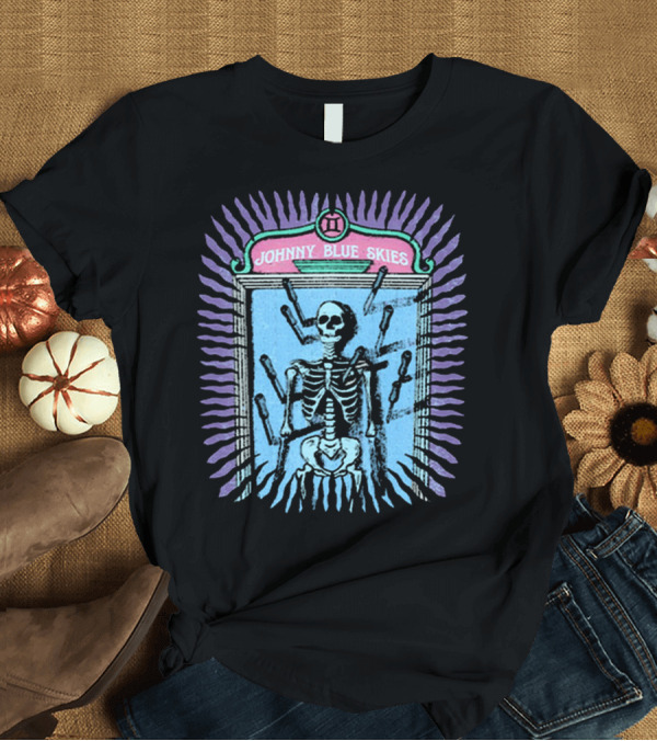 T-Shirt: Johnny Blue Skies Skeleton Framed with Knives and Purple Aura T-Shirt Johnny Blue Skies Skeleton Framed with Knives and Purple Aura T-Shirt