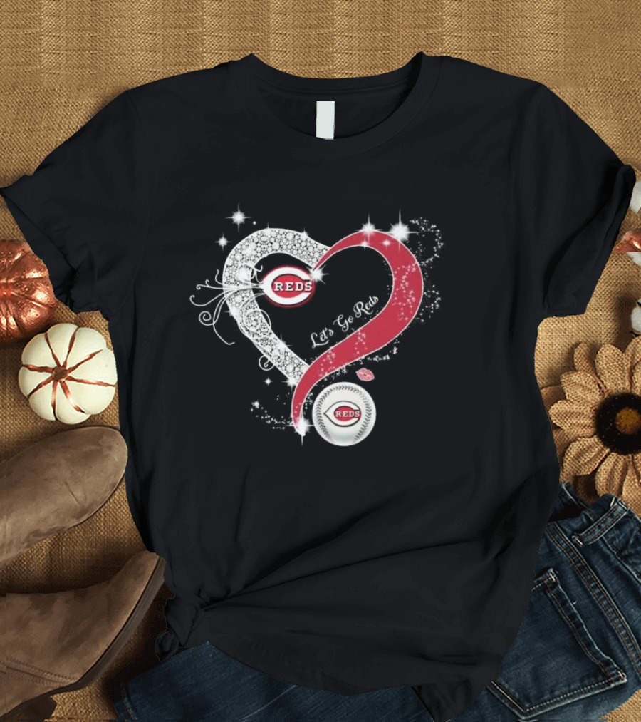 Cincinnati Reds Heart Emblem Let's Go Reds Sparkling T-Shirt