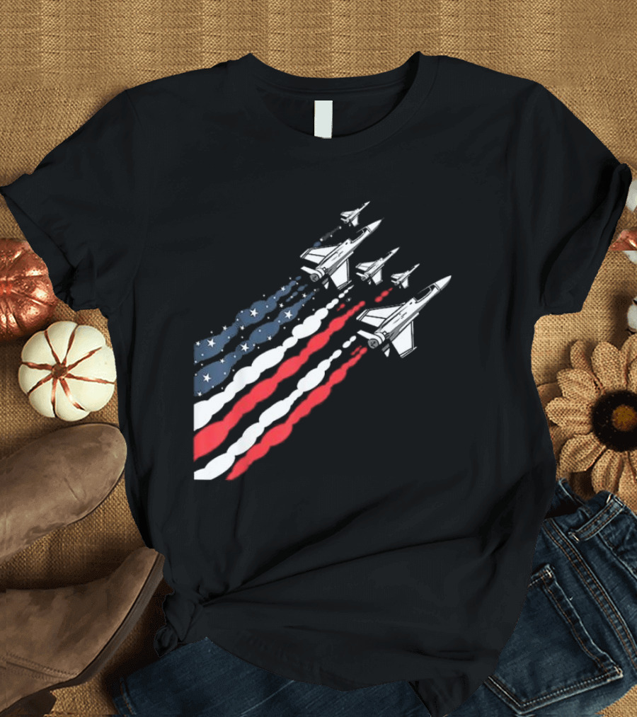 Vintage Patriotic Fighter Jet Airplane with American Flag Trail T-Shirt