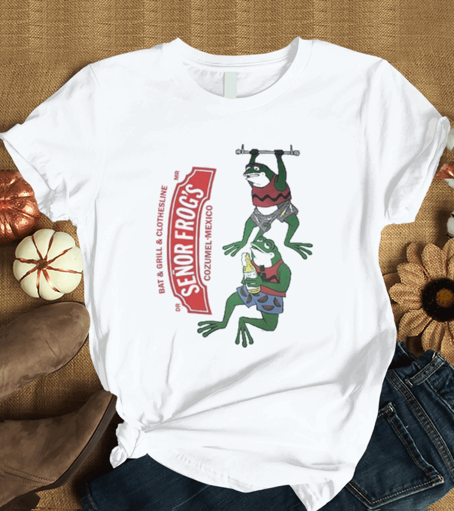 Senor Frog's Cozumel Mexico Bar and Grill Clothesline with Frogs in Striped Shirts and Shorts with Beer and Weights T-Shirt