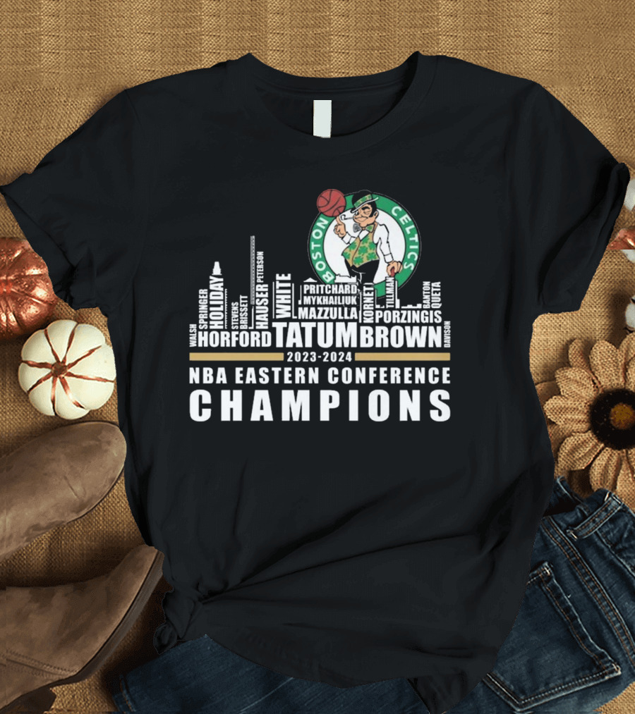 Boston Celtics 2023-2024 NBA Eastern Conference Champions Tatum Brown Skyline Montage T-Shirt