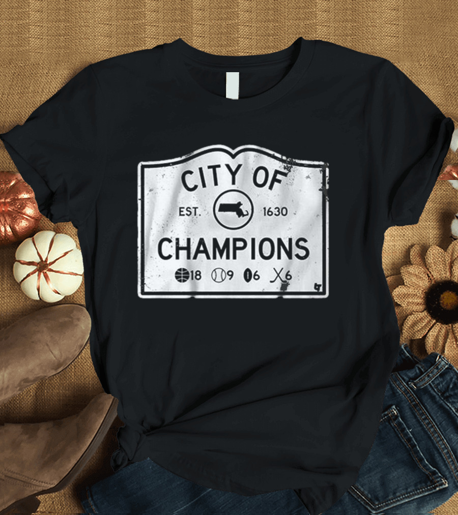 City Of Champions Est 1630 Basketball Baseball Hockey Boston T-Shirt