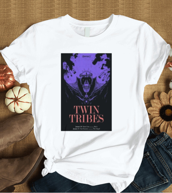 T-Shirt: Twin Tribes January 30 2024 Santa Cruz Show Poster with Gothic Skull Motif and Hands T-Shirt Twin Tribes January 30 2024 Santa Cruz Show Poster with Gothic Skull Motif and Hands T-Shirt
