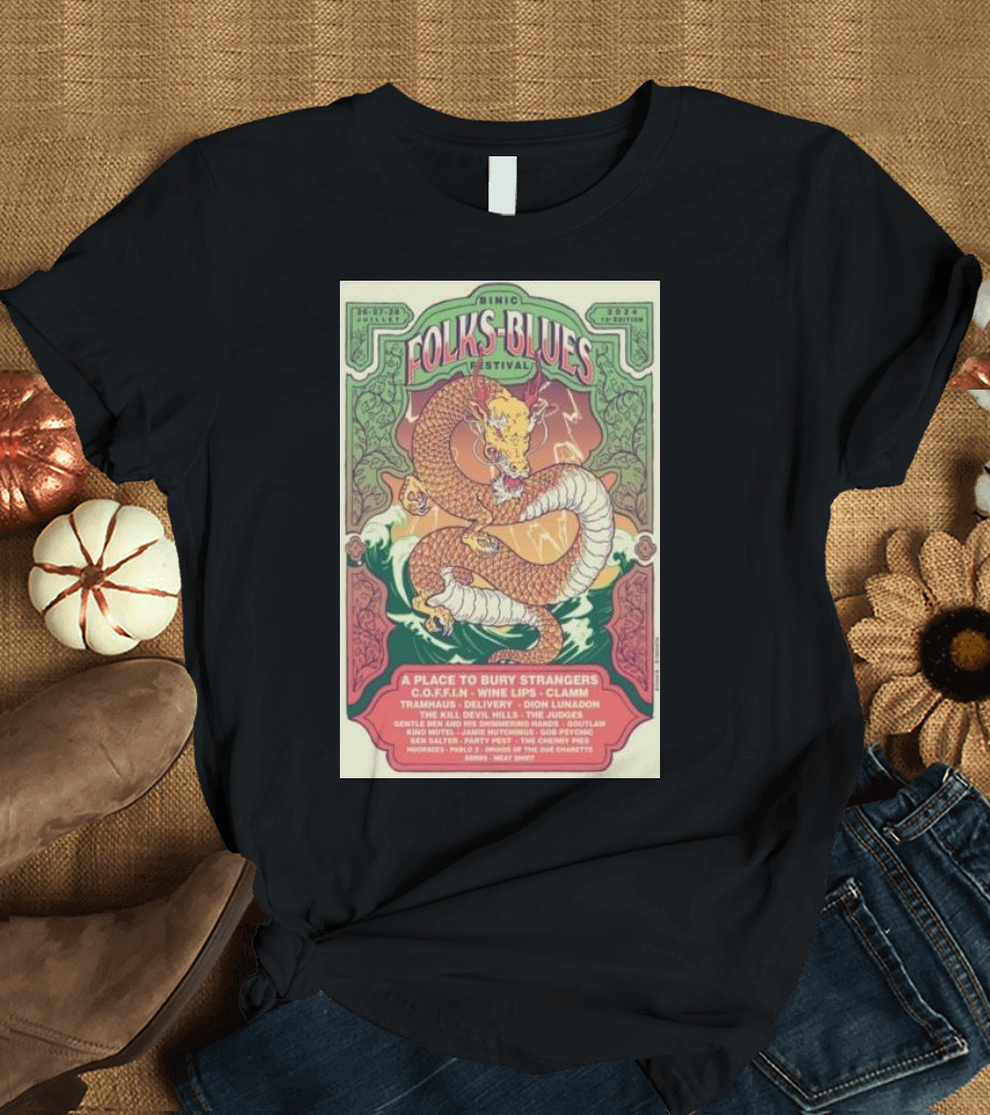 Binic Folks Blues Festival 2024 Dragon Artwork with A Place to Bury Strangers and More July 26-28 T-Shirt
