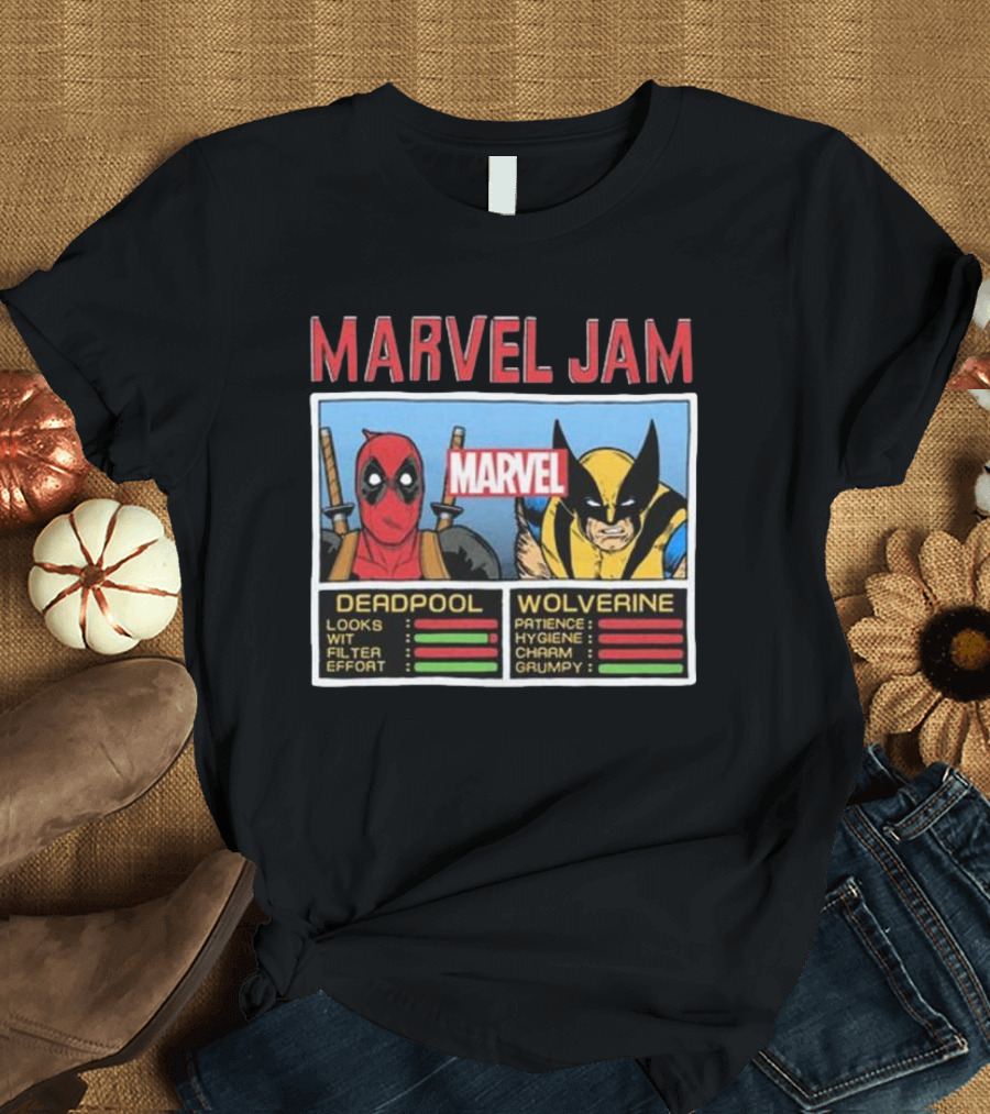 Deadpool Wolverine Marvel Jam Comic Character Stats T-Shirt