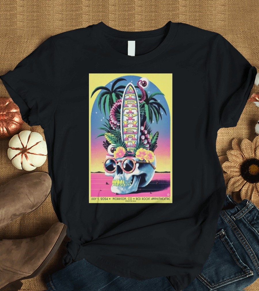 Dirty Heads July 1 2024 Morrison CO Red Rocks Amphitheatre Skull Surfboard Palms T-Shirt