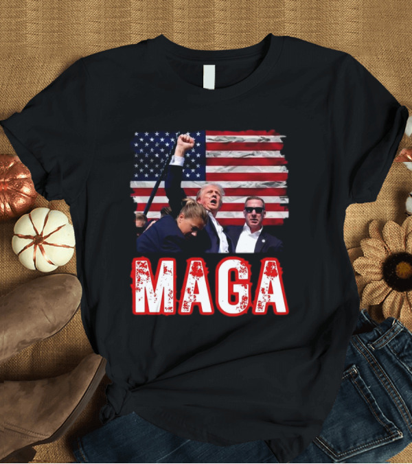 T-Shirt: MAGA Trump Iconic Fist Raised with American Flag T-Shirt MAGA Trump Iconic Fist Raised with American Flag T-Shirt