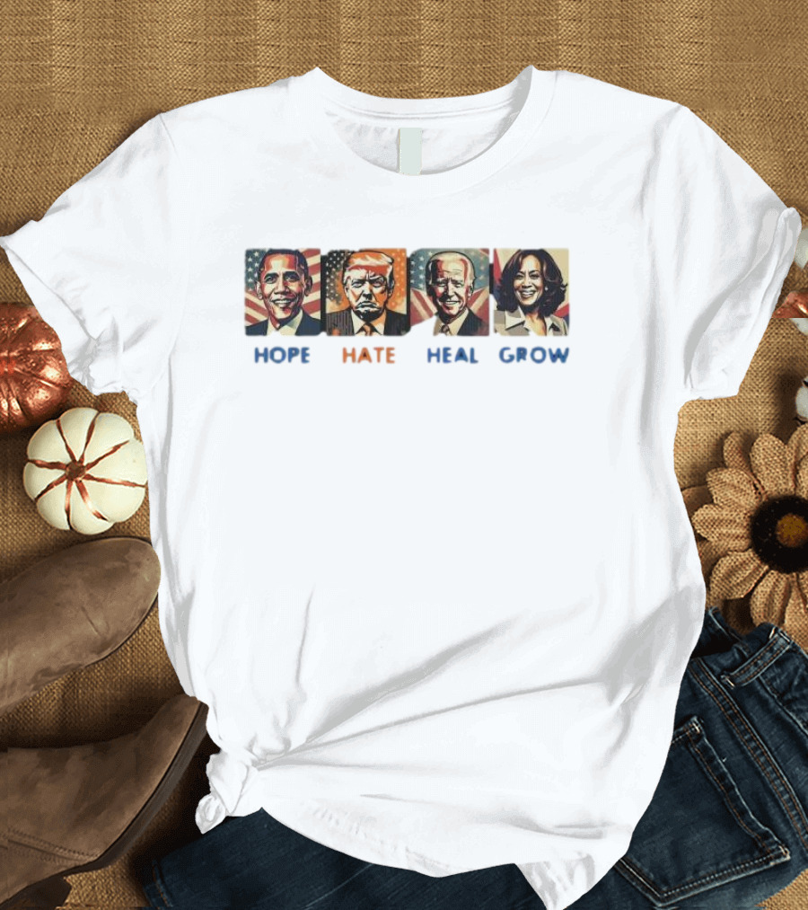 Hope Hate Heal Grow Obama Trump Biden Harris American Flag T-Shirt