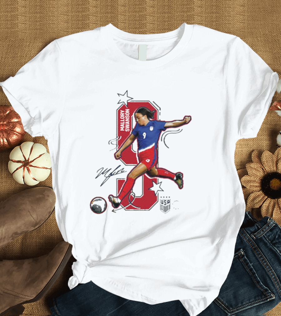 Mallory Swanson Number 9 USWNT Signature Red and Blue Player Action T-Shirt