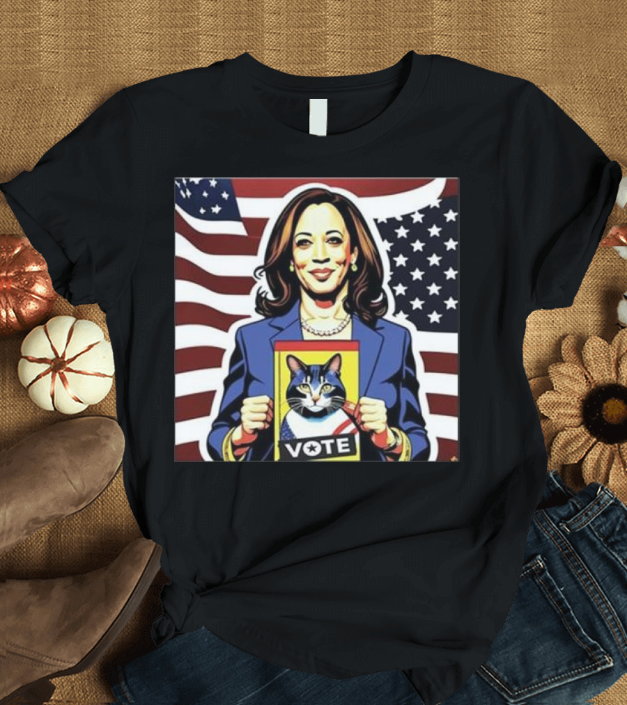 Kamala Harris Vote Cat Holding Campaign Poster American Flag Background T-Shirt