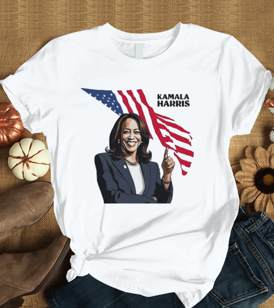 Kamala Harris Smiling with Stylized American Flag Background T-Shirt