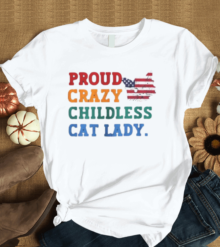 Proud Crazy Childless Cat Lady American Flag Cat T-Shirt