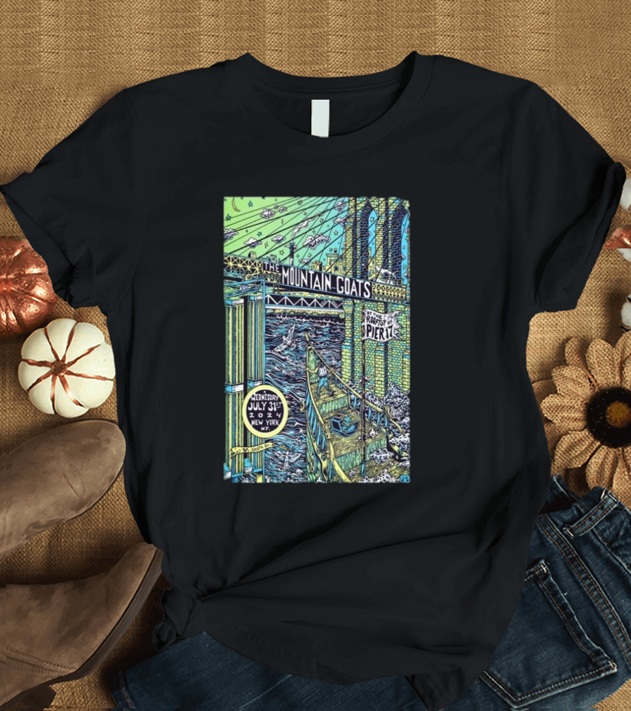 The Mountain Goats July 31 2024 New York Pier 17 Rooftop Concert Artwork Brooklyn Bridge Scene T-Shirt