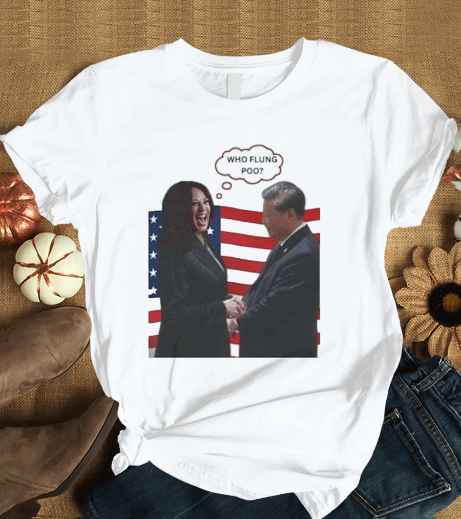 Kamala and Xi Jinping Handshake Who Flung Poo American Flag T-Shirt