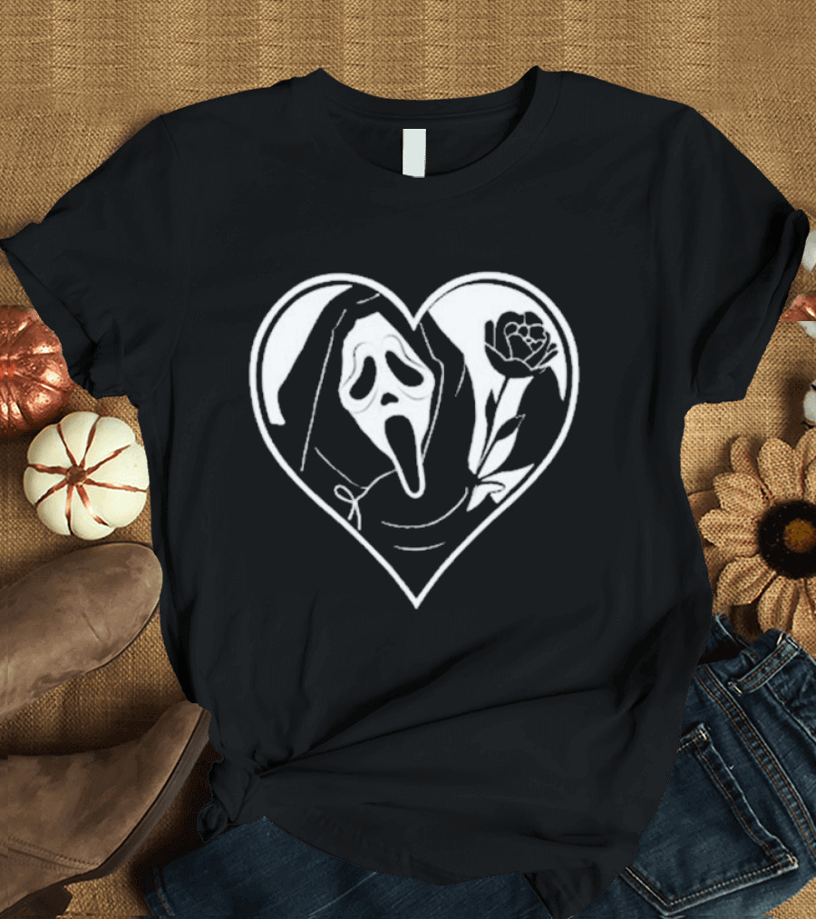 Ghostface Scream Mask Skeleton with Rose in Heart T-Shirt