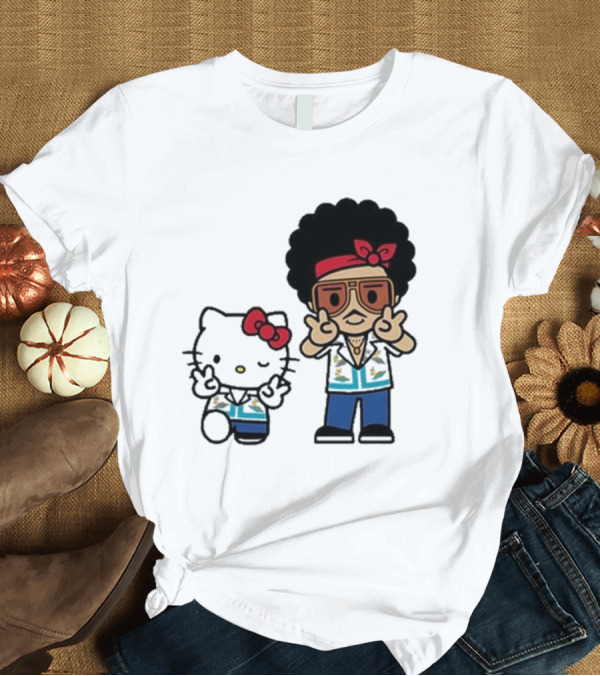 T-Shirt: Bruno Mars Hello Kitty Japan Tour 24 Retro Style Duo with Red Bows and Blue Outfits T-Shirt Bruno Mars Hello Kitty Japan Tour 24 Retro Style Duo with Red Bows and Blue Outfits T-Shirt