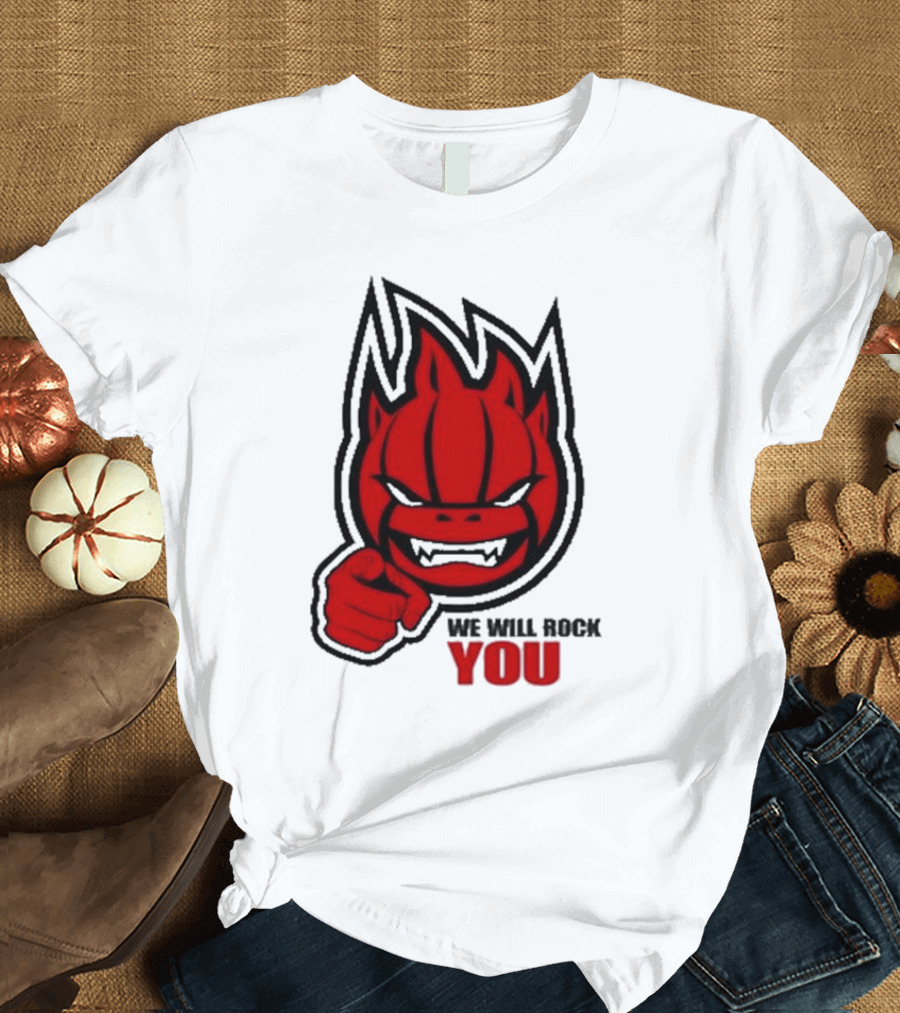 Sir Safety Perugia We Will Rock You Red Flame Character with Pointing Finger T-Shirt