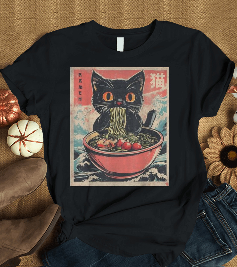 Cat Ramen Japanese Kawaii Anime with Black Cat Eating Noodles in Stormy Sea T-Shirt