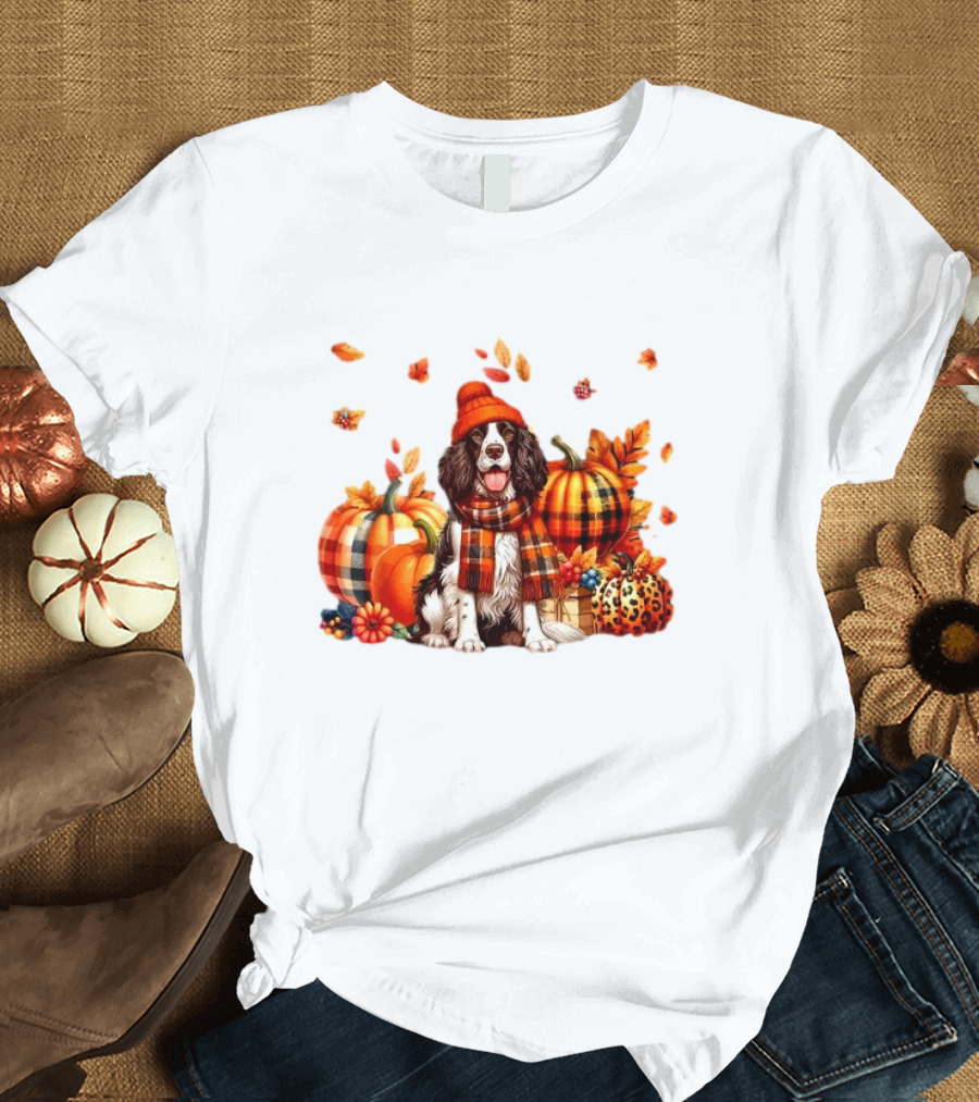 English Springer Spaniel Fall Halloween 2024 with Leopard Print Pumpkins and Leaves T-Shirt