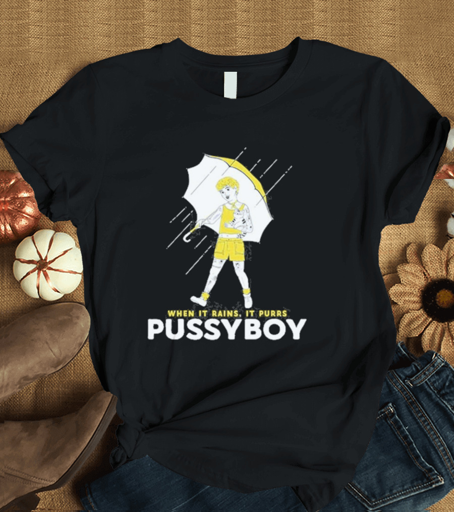When It Rains It Purrs Pussyboy Umbrella Yellow T-Shirt