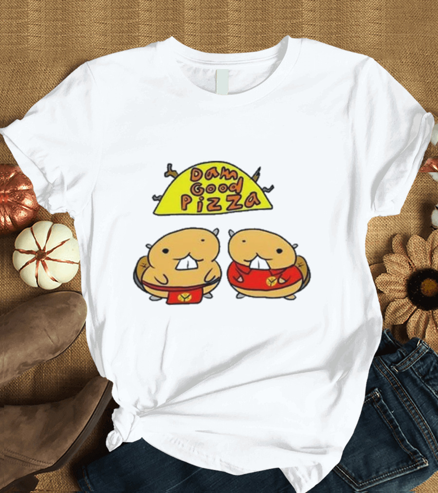 Dam Good Pizza Beaver Characters duo in Red with Iconic Yellow Cheese Slice T-Shirt