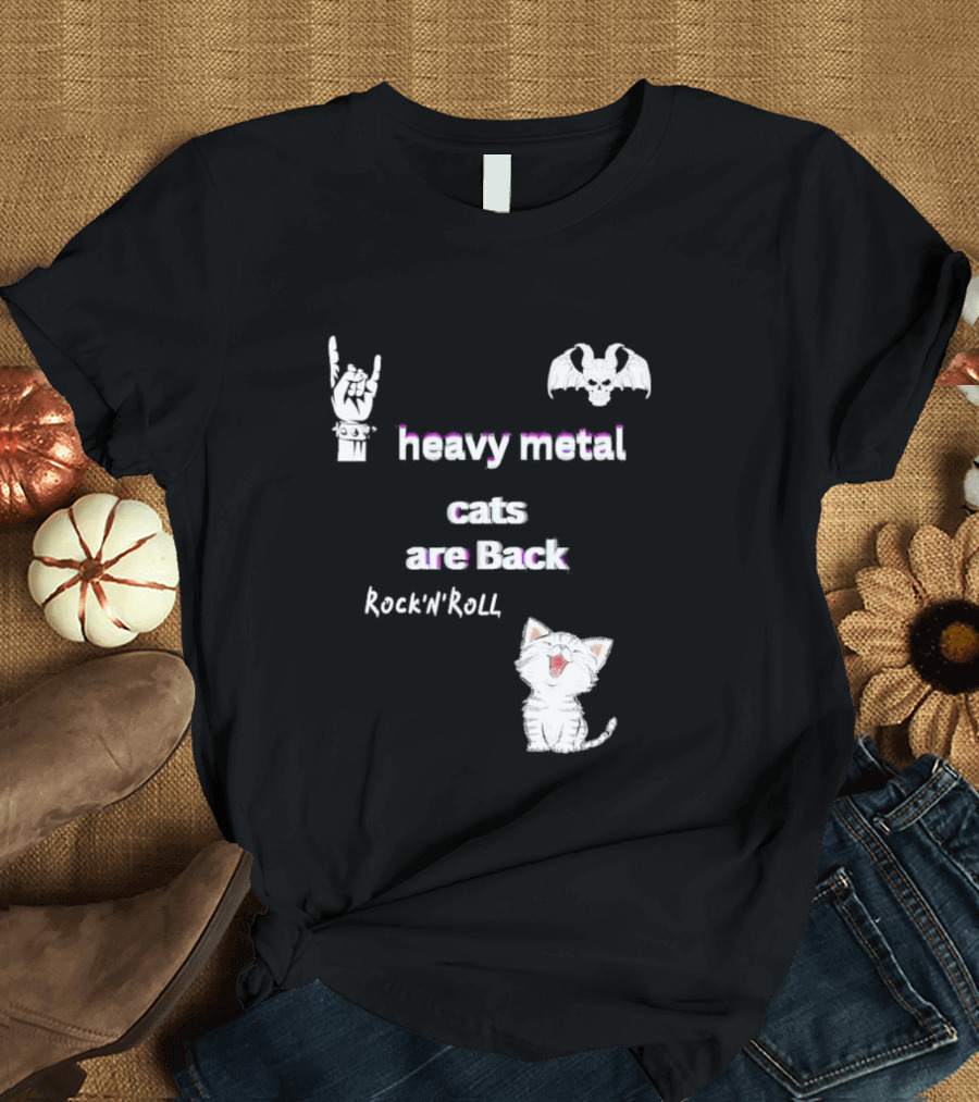 Heavy Metal Cats Are Back Rock’N’Roll 2024 Skull Hand Gesture Bat Kitten T-Shirt