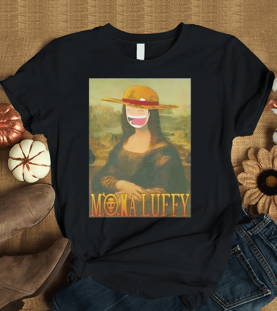 Funny Ahh Tees Mona Luffy Crossover Parody Icon with Straw Hat and Laughing Face T-Shirt