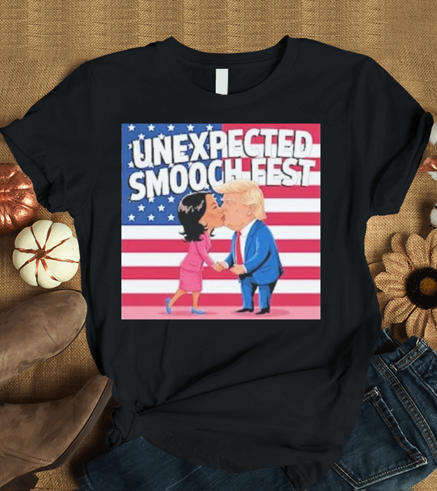UNEXPECTED SMOOCH FEST Donald Trump and Kamala Harris Kissing American Flag Background T-Shirt