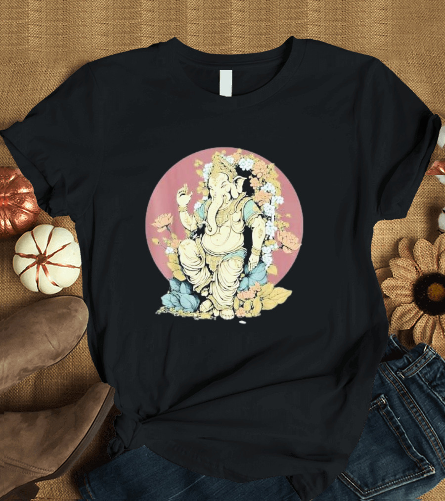 New Rare Hindu God Floral Elephant Deity Lord Ganesh Lotus Flowers Iconic T-Shirt