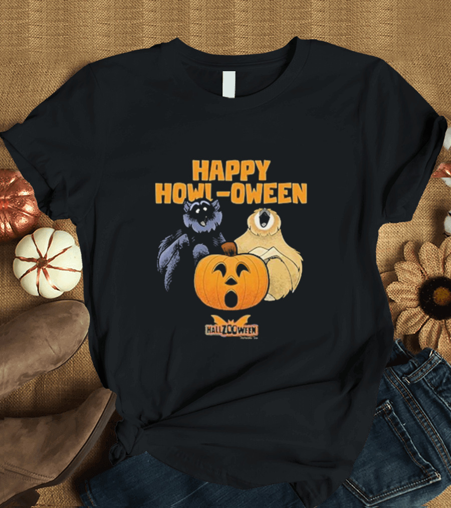 Happy Howl-oween Gibbons with Pumpkin and Hallzcoween Banner T-Shirt