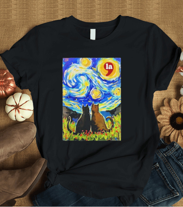 T-Shirt: Halloween Starry Night Black Cat Van Gogh Style La Comma T-Shirt Halloween Starry Night Black Cat Van Gogh Style La Comma T-Shirt