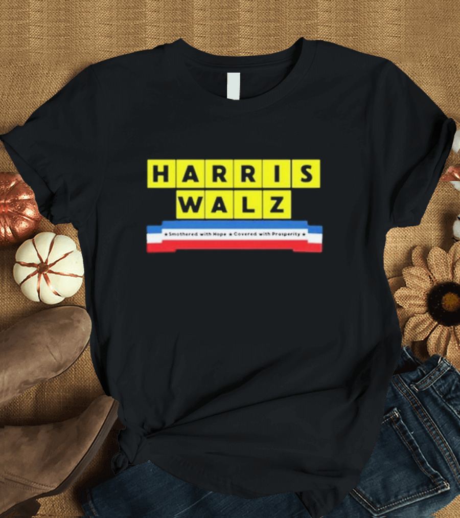 Harris Walz Smothered With Hope Covered With Prosperity Scrabble-Inspired Bold Yellow Block Letters T-Shirt