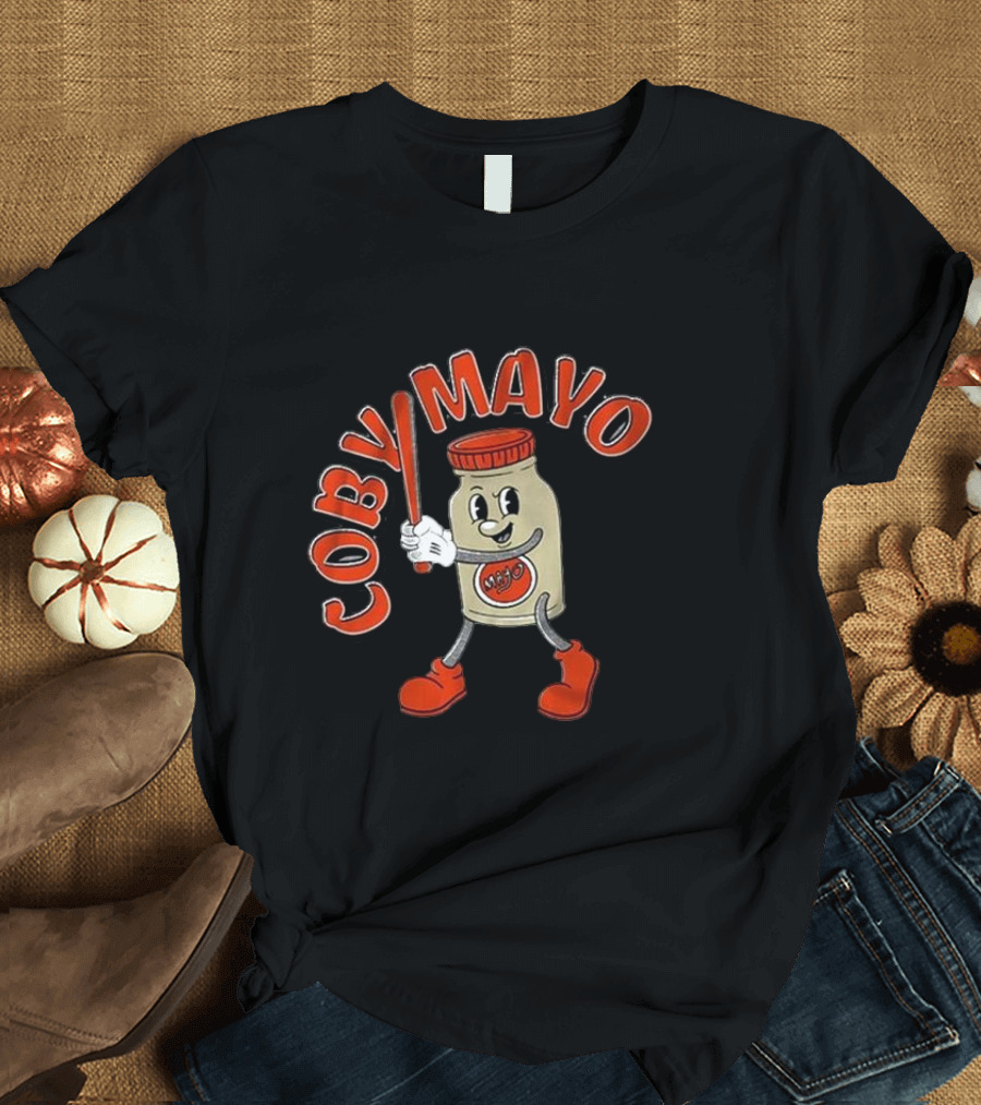 Coby Mayo Cartoon Baseball Jar with Red Letters and Bat T-Shirt