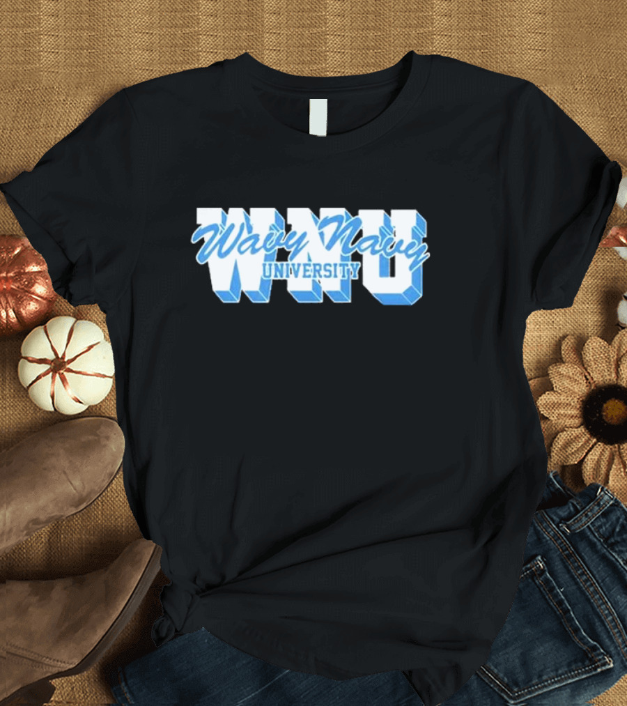 Wavy Navy University WNU Bold 3D Bold Blue Text T-Shirt