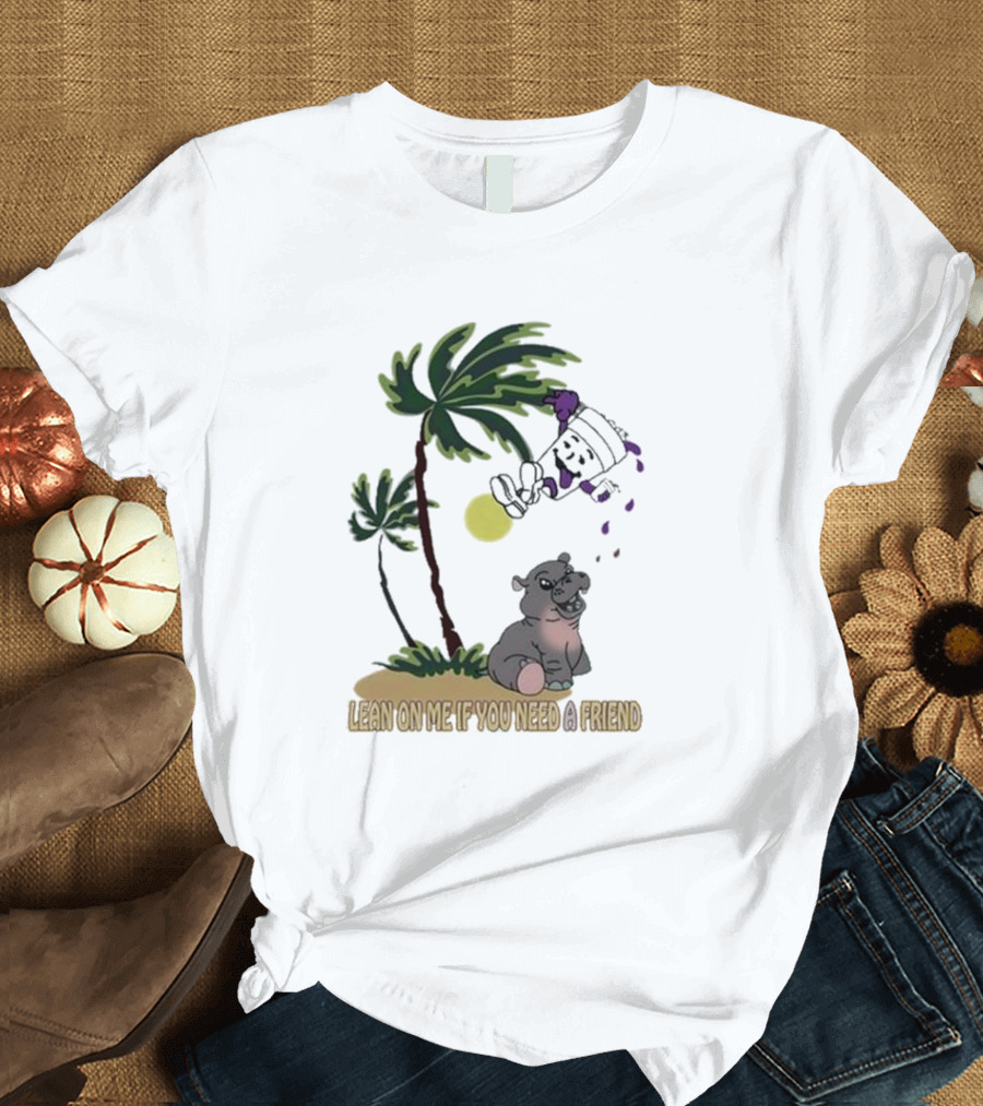 Grapejuiceboys Lean On Me If You Need A Friend Moo Deng Palm Tree Tropical Scene T-Shirt