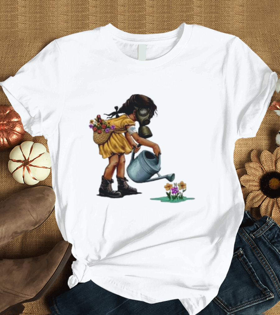 Stick To Your Guns Keep Planting Flowers Girl with Gas Mask Watering Flowers T-Shirt