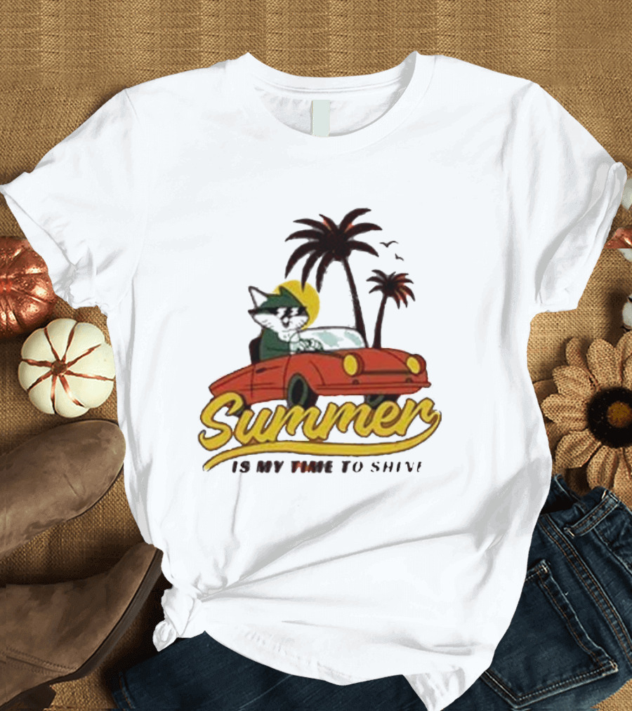 Summer Is My Time to Shine Cat in Car with Palm Trees T-Shirt
